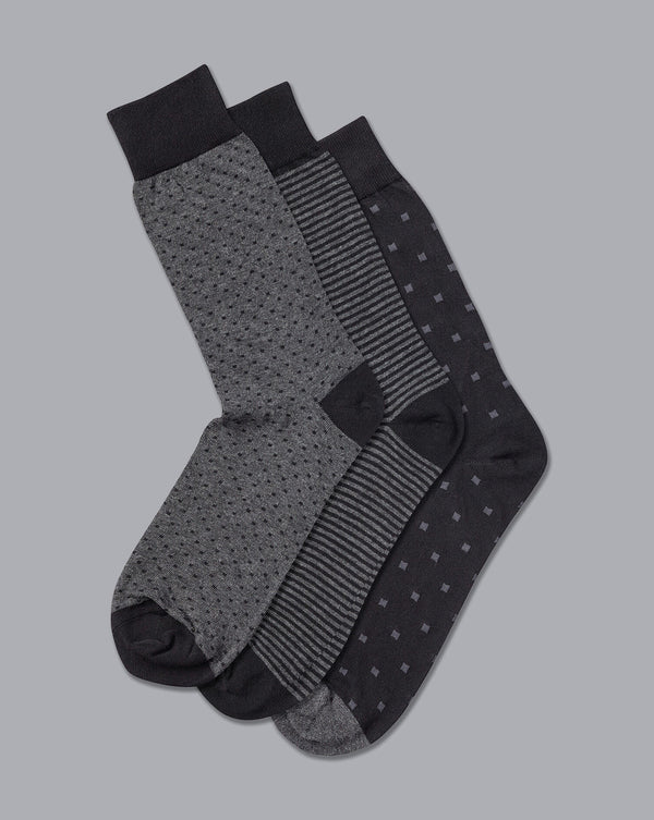 Black and grey pattern cotton rich 3 pack socks