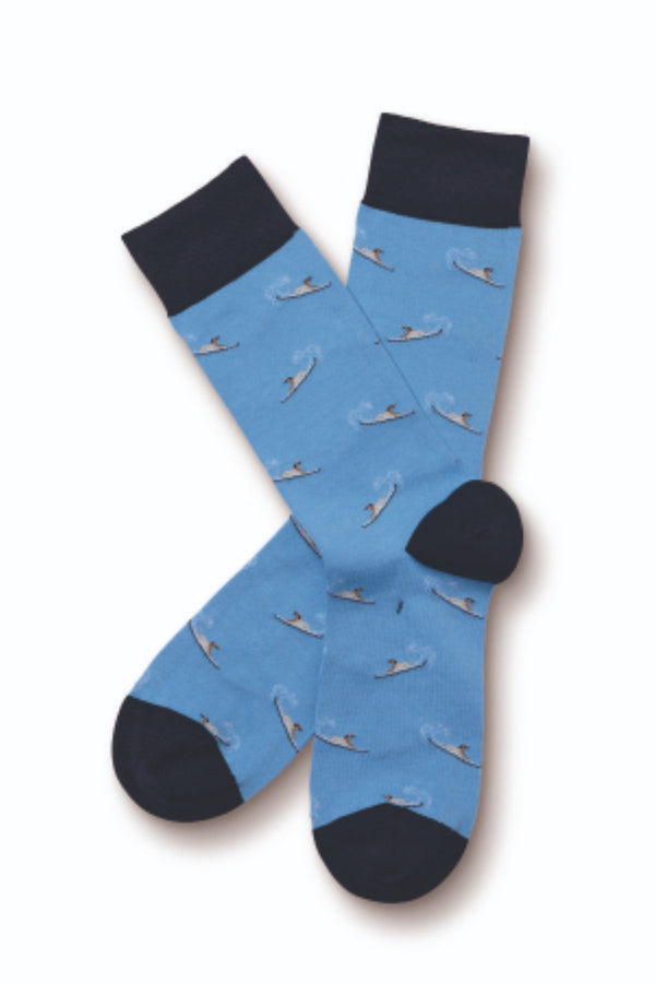 Cornflower blue dog on surfboard motif socks