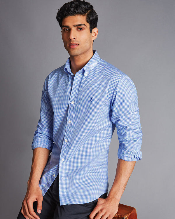 Ocean blue mini gingham slim fit non iron stretch poplin shirt