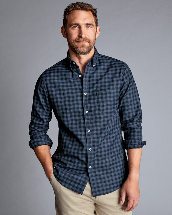 Indigo blue gingham slim fit non iron twill shirt