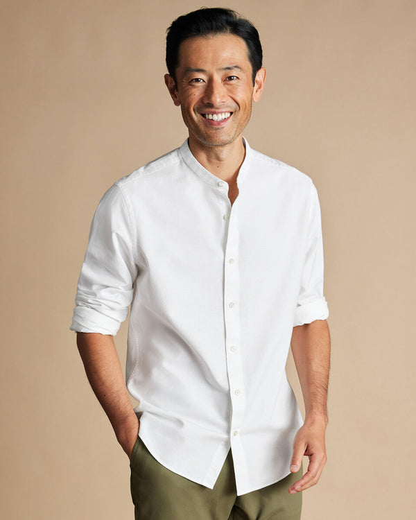 White plain slim fit cotton linen collarless shirt