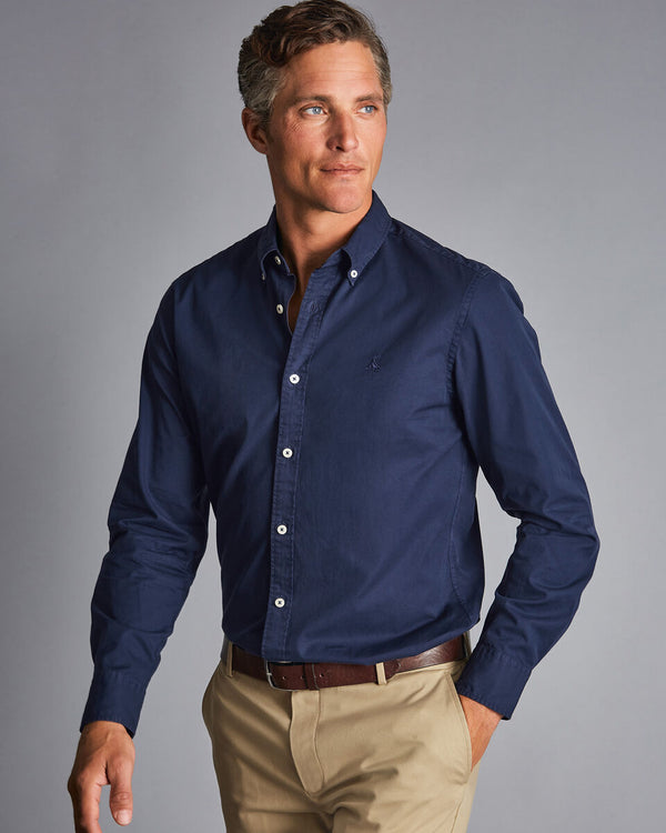 Navy plain slim fit washed fine twill shirt