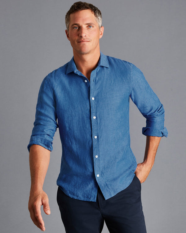 Ocean blue plain slim fit pure linen shirt