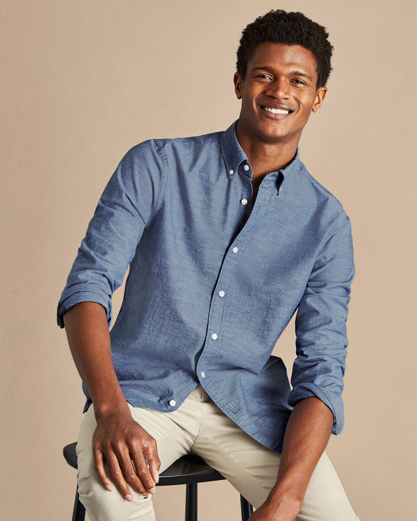 Indigo blue plain slim fit button down chambray shirt