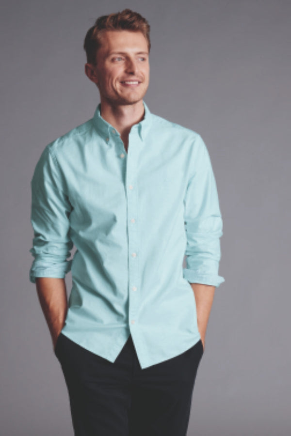 Aqua green plain slim fit button down washed Oxford shirt