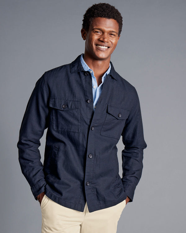 Navy blue plain cotton linen overshirt