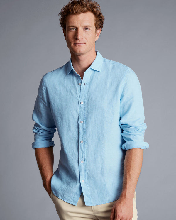 Light blue plain slim fit pure linen shirt