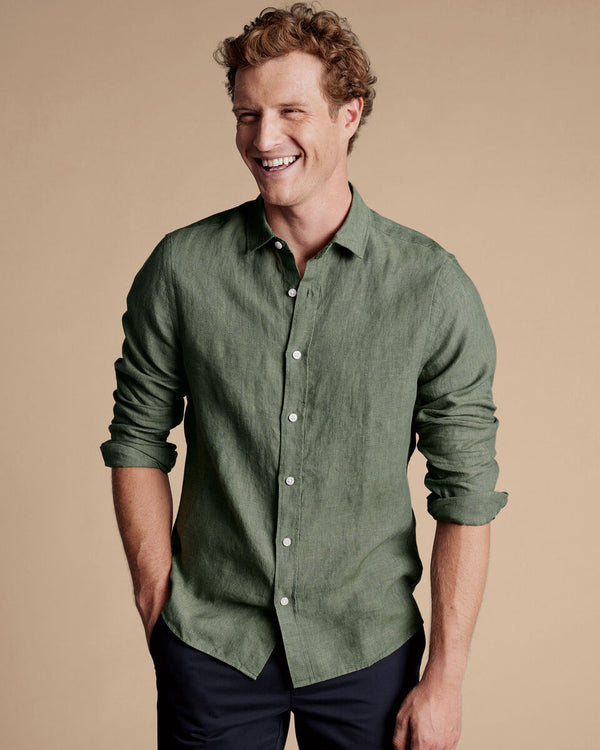 Olive green plain slim fit pure linen shirt