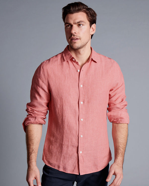 Salmon pink plain slim fit pure linen shirt