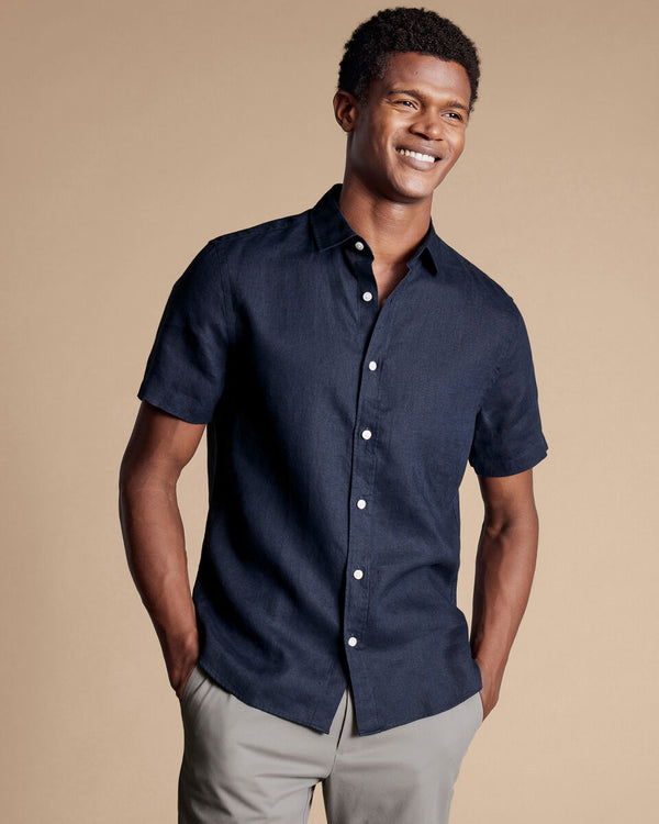 Navy blue plain slim fit short sleeve pure linen shirt