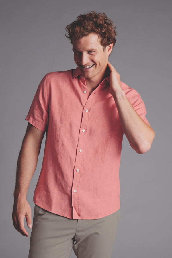 Salmon pink plain slim fit short sleeve pure linen shirt