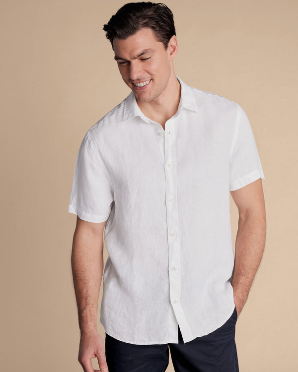 White plain slim fit short sleeve pure linen shirt