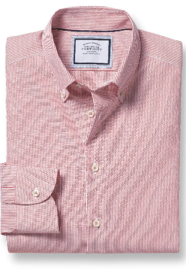 Coral pink non iron button down stripe extra slim fit shirt