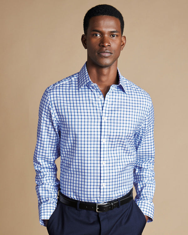 Cobalt blue non iron twill grid check slim fit