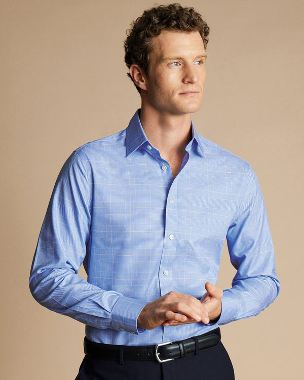 Ocean blue non iron Prince of Wales check slim fit shirt