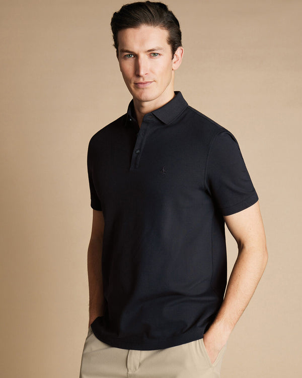 Black solid short sleeve cotton Tyrwhitt pique polo