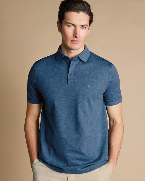 Indigo blue marl short sleeve cotton Tyrwhitt pique polo