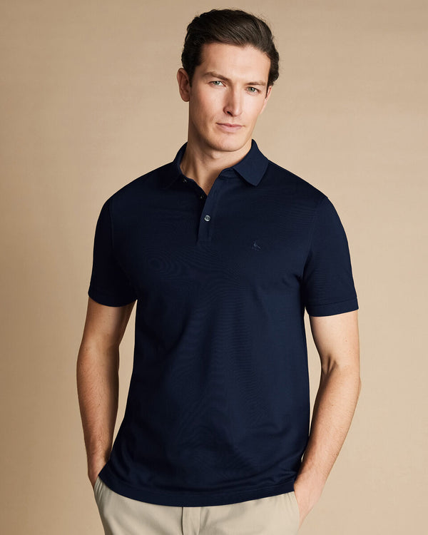 Navy blue solid short sleeve cotton Tyrwhitt pique polo