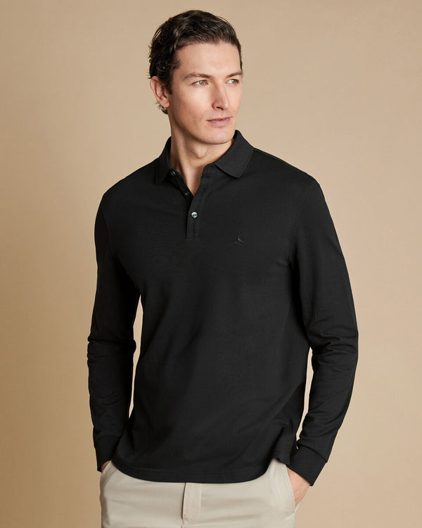 Black solid Long sleeve plain Tyrwhitt Pique Polo