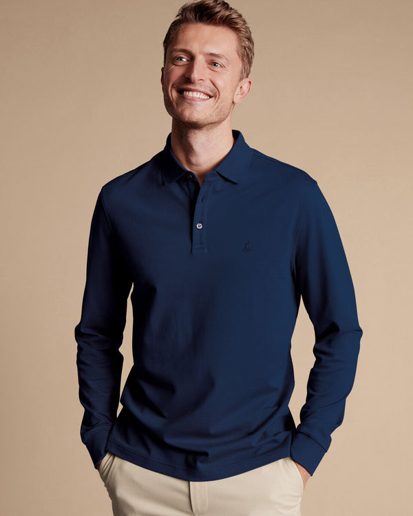 Navy blue solid Long sleeve plain Tyrwhitt Pique Polo