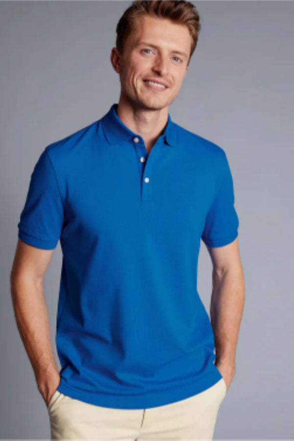 Cobalt blue solid short sleeve cotton Tyrwhitt pique polo