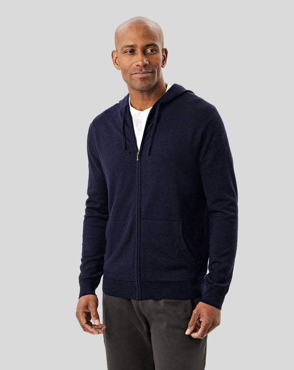 Navy pure merino hooded zip through