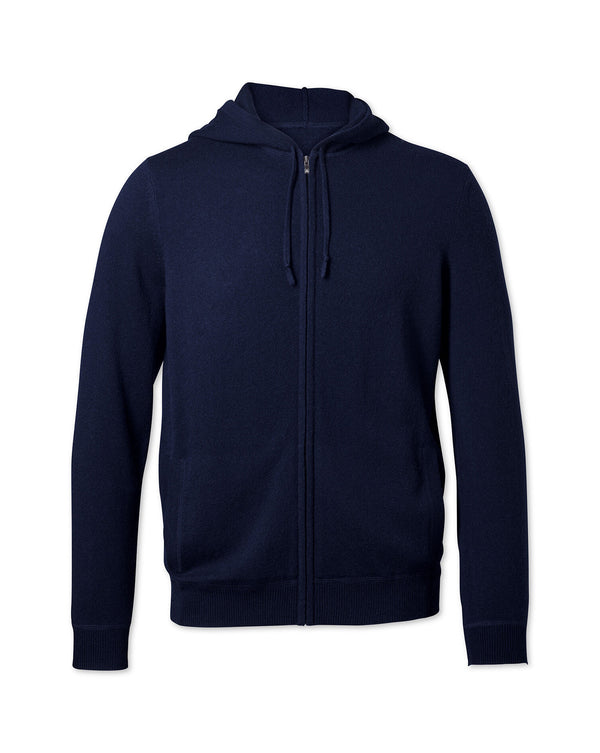 Navy Merino Cashmere hooded zip through