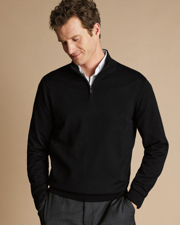 Black pure merino zip neck jumper