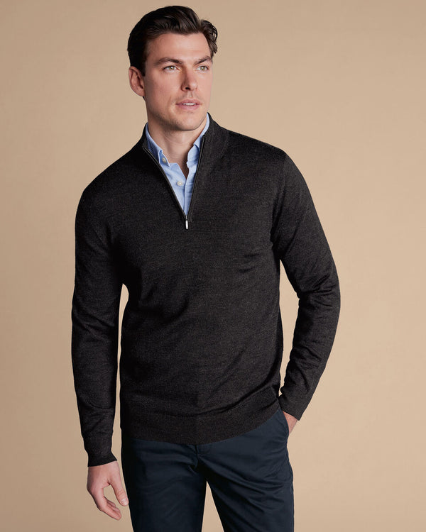 Dark charcoal pure merino zip neck jumper