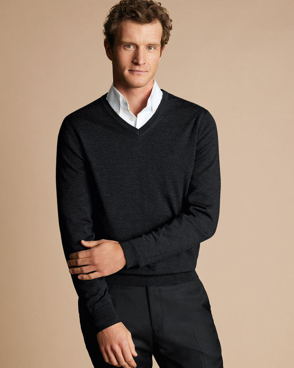 Charcoal grey pure merino v neck jumper