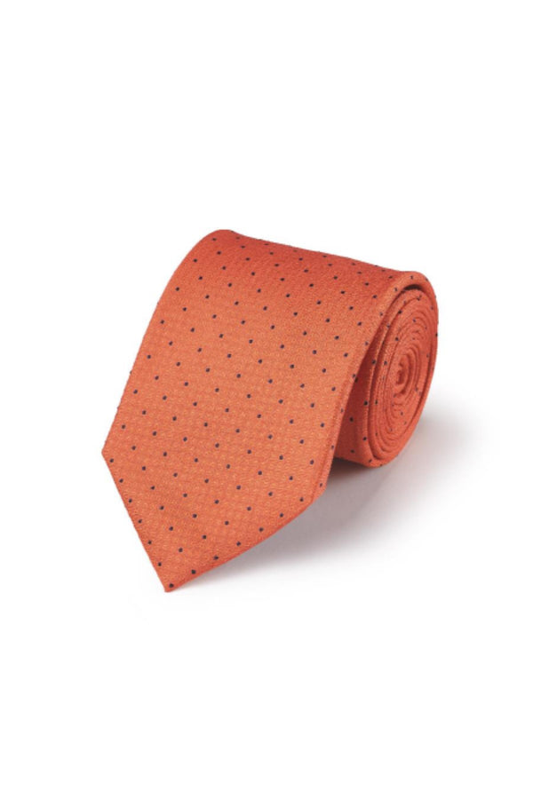 Orange and navy polka dot silk stain resistant tie