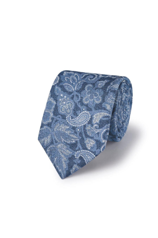 Denim blue and cornflower blue paisley silk tie